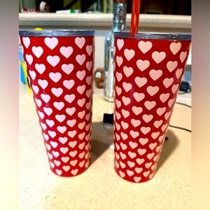 Red Heart Patterned Tumblers. Insulated with lids and straws. 22 ounces